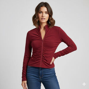 Sympli Ruched Zip Up Jacket Size 10 Red Stretchy 2 Ply